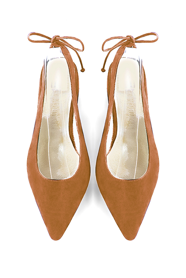 Women's camel beige elegant slingback heels. Pointed toe. Flat flare heels - Top view